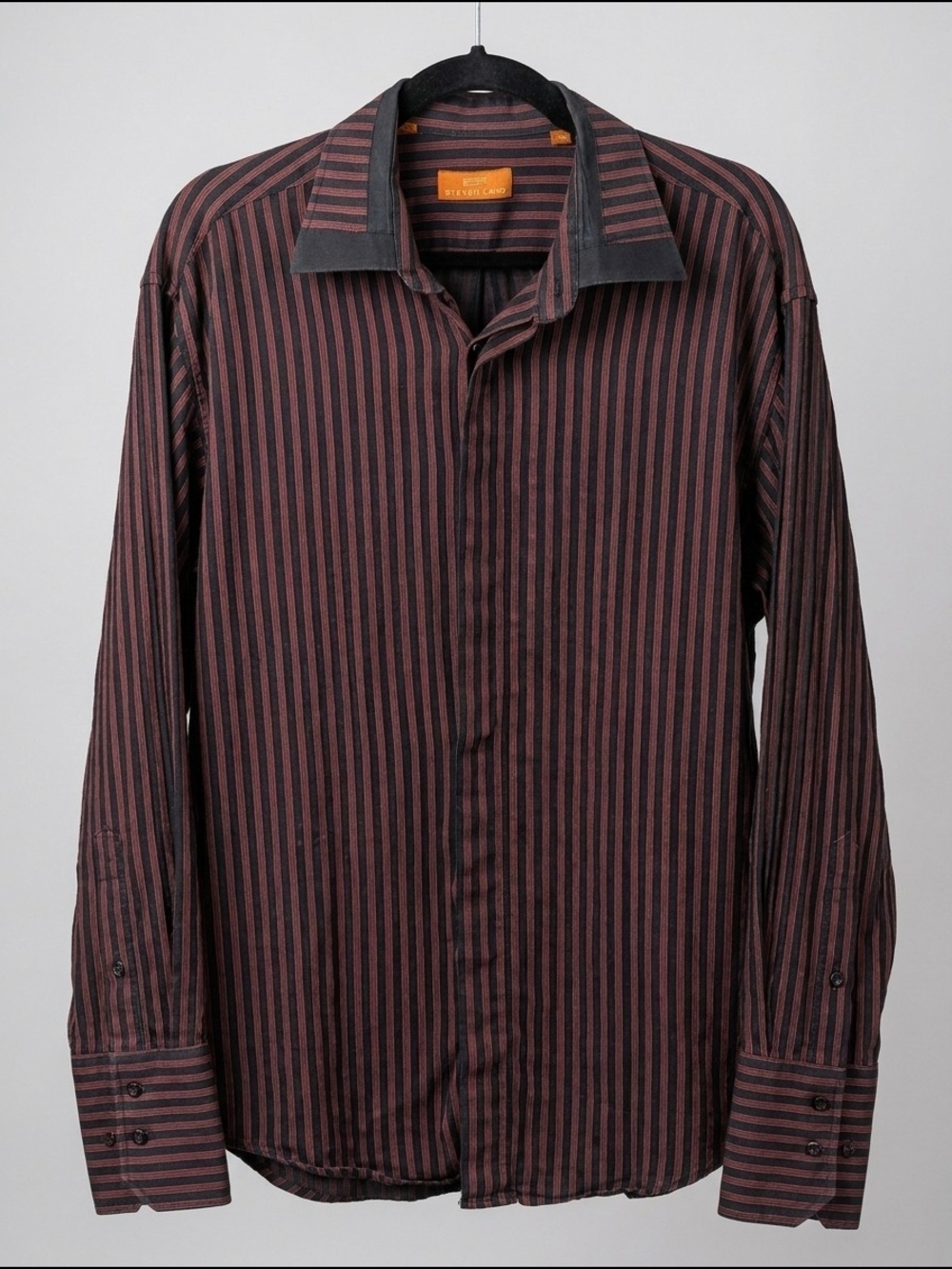 Steven Land Burgundy Stripe Dress Shirt with Black Contrast Collar